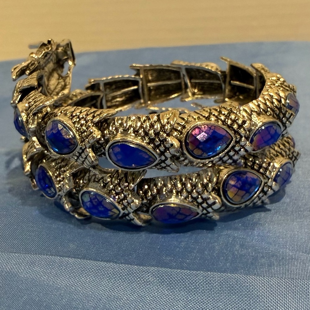 Dragon bracelet silver tone wrap style blue faceted Lucite Rhinestone
